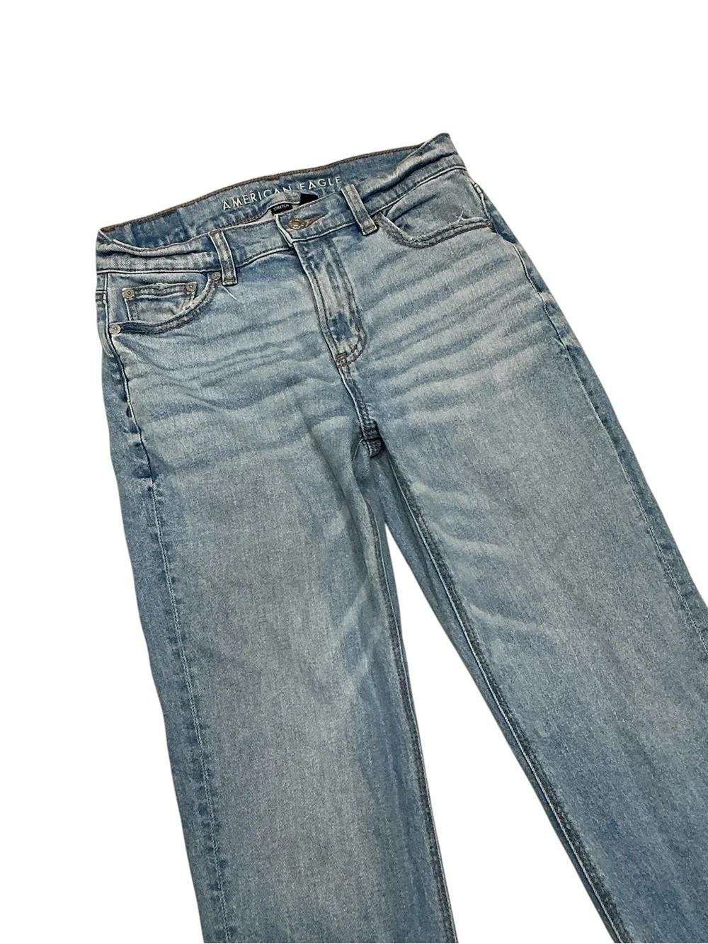 Sold! American Eagle Mid Rise Straight Leg Jeans Light Wash Stretch Denim Size 0